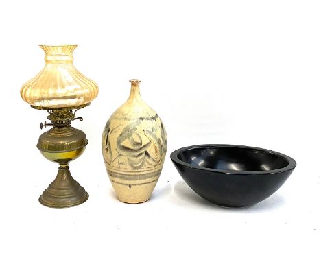 A large studio pottery vase, incised 'Vost' to base, 41cmH; together with a large black ceramic oblong bowl; and a brass oil 