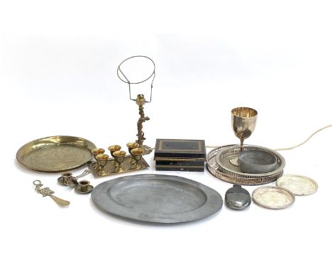 A mixed lot of metal items to include pewter meat plate, galleried trays, goblet, table lamp etc 