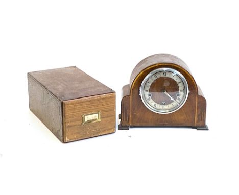 A vintage filing drawer together with an Art Deco mantel clock 