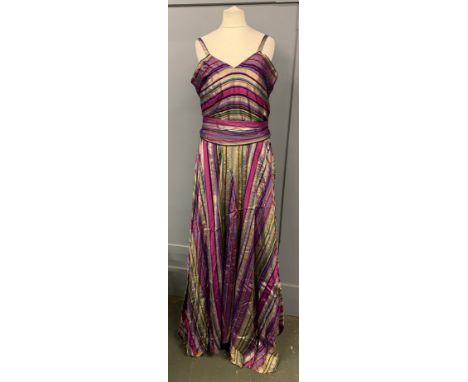 A 1930s multicoloured satin and lame sleeveless dress, with waist sash