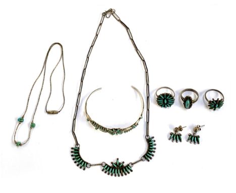 A quantity of Native American style silver and turquoise jewellery including necklace, bangle, earrings, rings etc, gross wei