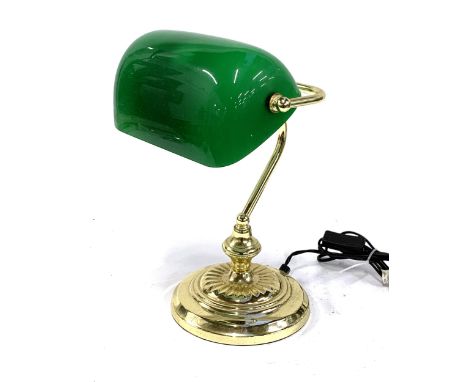 A gilt metal bankers lamp with green glass shade, 35cmH 