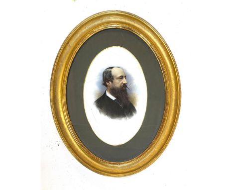 A 19th century portrait on porcelain of a bearded gentleman (af), in gilt gesso oval frame, 28x18cm 