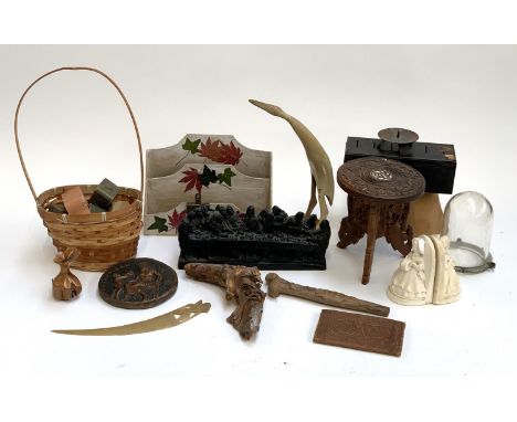 A mixed lot to include Indian carved wooden folding miniature table, Industrial glass light dome, carved wooden sculptures et