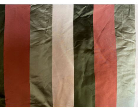 A pair of green, brick, and cream striped chintz curtains, 275cm drop x 250cm ungathered width 