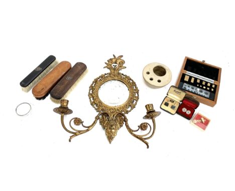 A mixed lot to include Caithness glass cufflinks; Membury pottery vase; mirrored sconce; cut glass pot with hallmarked silver