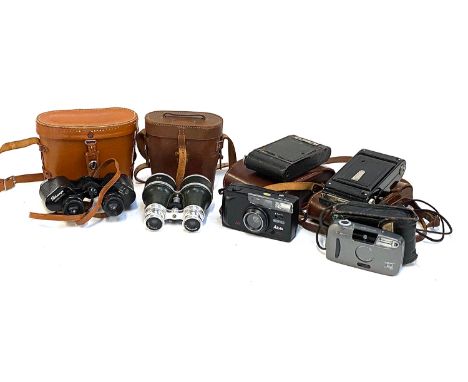 A mixed lot to include Binoculars by Gregory &amp; Seeley 51 Strand, Pathescope 8x13 binoculars, a Coronet bellows camera and