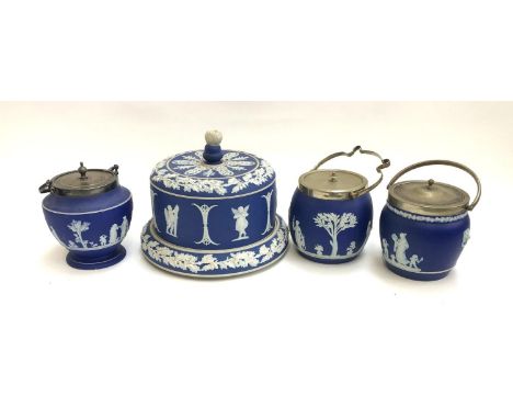 A quantity of Wedgwood Jasperware, comprising three biscuit barrels, and a cheese cloche (repair to finial) 