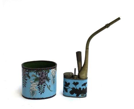 A Chinese brass and cloisonne enamel water opium pipe, 19cmH, together with a cloisonne enamel pot, 7.5cmH 