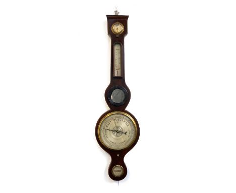 A mahogany cased banjo barometer with circular mirror and ebonised slip, 92cmH 