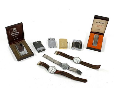 A quantity of lighters, mainly Ronson, together with three wristwatches to include Timex 