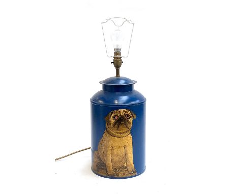 Interior design interest: a large tole painted metal table lamp decorated with a pug, 35cmH 