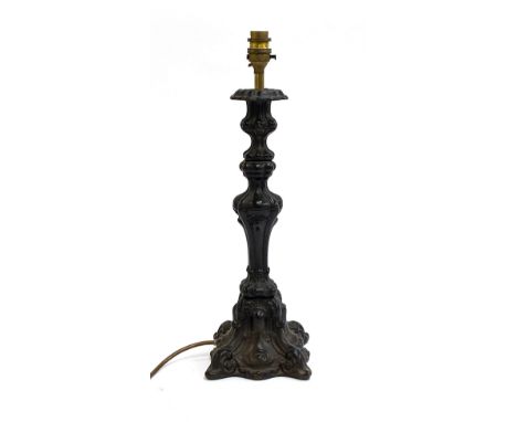 A patinated metal table lamp, 40cmH 
