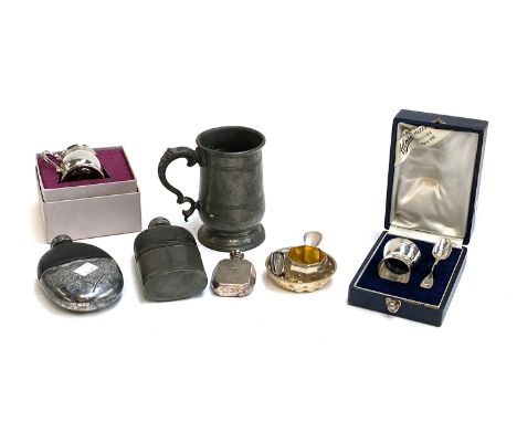 A mixed lot to include white metal christening set, hip flask, plated engine turned flask etc 