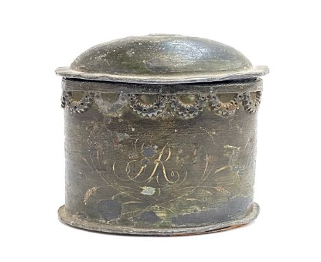 A 19th century painted lead tobacco jar with applied swags and painted pipe detail, 14cmH 