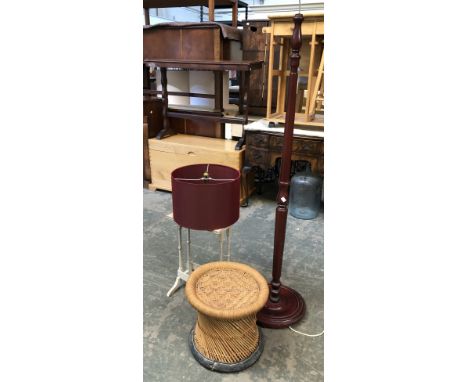 A wooden standard lamp, 145cmH; together with a rush circular stool, 34cmH and a small occasional table