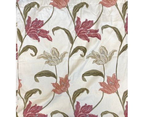 Four curtains with lily design, each 170cm wide and 182 long, together with four tie backs 