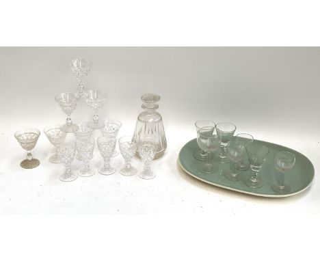 A mixed lot of cut glass to include Stuart decanter, together with a Poole pottery meat plate, 41cmW 