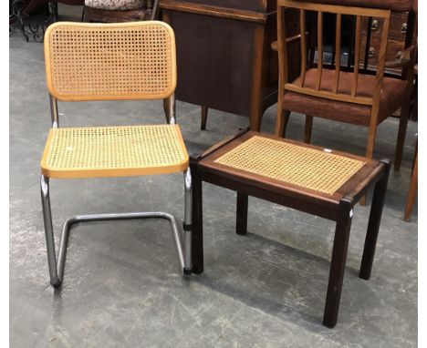 A chrome, beech and cane cantilever chair; together with a caned stool 