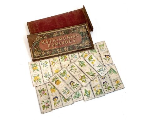 A rare late 19th/early 20th century Jaques &amp; Son 'Matrimonial Dominoes' game, box af, with 21 domino cards