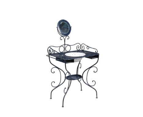 A French blue painted wrought iron washstand, late 19th century, with removable wash basin, 81x50x126cmHProvenance: Private C