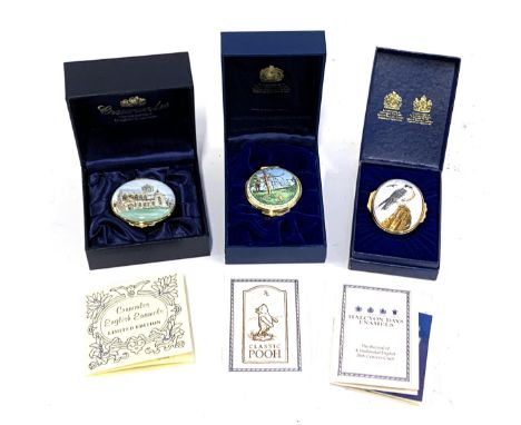 A Halcyon Days Winnie the Pooh enamel box, 4.3cmD; together with a further Eagle Halycon Days trinket box and a Crummles enam