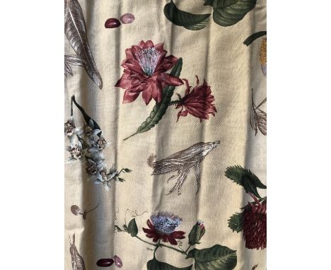 A pair of heavy barley coloured curtains featuring a design of various flowers, lined and interlined (thermal), 185cm drop x 