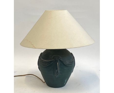 A blue ceramic table lamp with swag decoration, 51cmH to top of shade 
