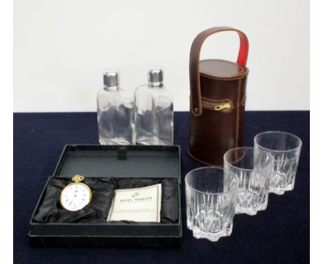 A cased Remy Martin Cellarmaster's Pocket Watch, 3 Crystal Glass Scotch Malt Whisky Tumblers (Highland Park, Tamdhu and Bunna