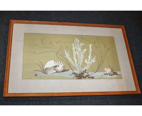 Marion Simmons (20th century), coral, seaweed and seashells on a sea bed, gouache on silk, signed, leaflet about the artist a