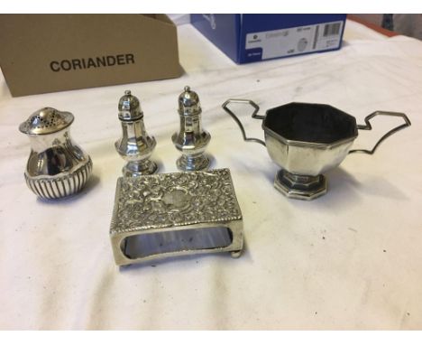  Sale Item:    4 VARIOUS SILVER CRUETS &amp; VESTA (AF)  Vat Status:   No Vat   Buyers Premium:  This lot is subject to a Buy