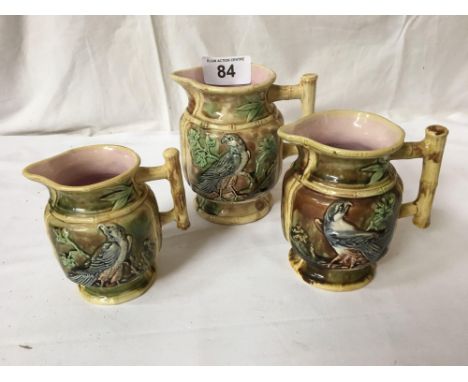  Sale Item:    3 MAJOLICA JUGS (AF)   Vat Status:   No Vat   Buyers Premium:  This lot is subject to a Buyers Premium of 15% 