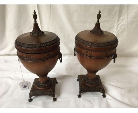  Sale Item:    PAIR WOODEN URNS ON STANDS (AF)   Vat Status:   No Vat   Buyers Premium:  This lot is subject to a Buyers Prem