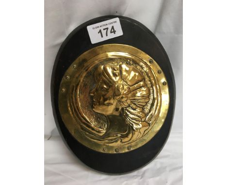  Sale Item:    ART NOUVEAU WOOD &amp; BRASS PLAQUE   Vat Status:   No Vat   Buyers Premium:  This lot is subject to a Buyers 