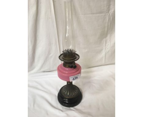  Sale Item:    PINK GLASS OIL LAMP   Vat Status:   No Vat   Buyers Premium:  This lot is subject to a Buyers Premium of 15% +
