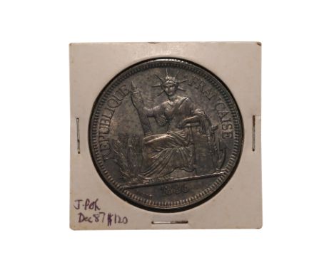 FRENCH INDOCHINA 1 PIASTRE DE COMMERCE 1886 A
Marianne seated left with date in exergue below, reverse with denomination at c