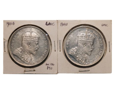 STRAITS SETTLEMENTS EDWARD VII 1 DOLLAR 1903 B; 1904 B  (2)
Crowned bust facing right, reverse with Arabesque design with den