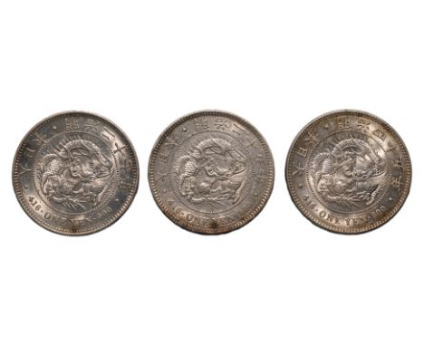 JAPAN - 1 YEN MEIJI YEAR 25 (1892); YEAR 27 (1894); YEAR 45 (1912) (3)
Dragon within a beaded circle, legend in English and J
