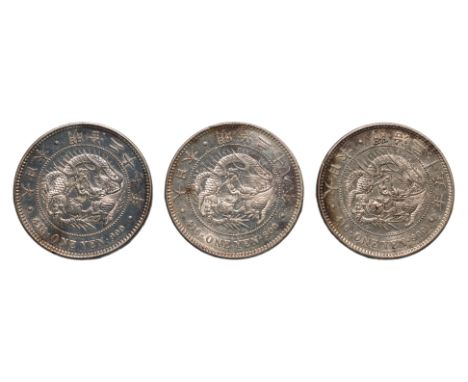 JAPAN - 1 YEN MEIJI YEAR 25 (1892); YEAR 27 (1894); YEAR 28 (1895) (3)
Dragon within a beaded circle, legend in English and J