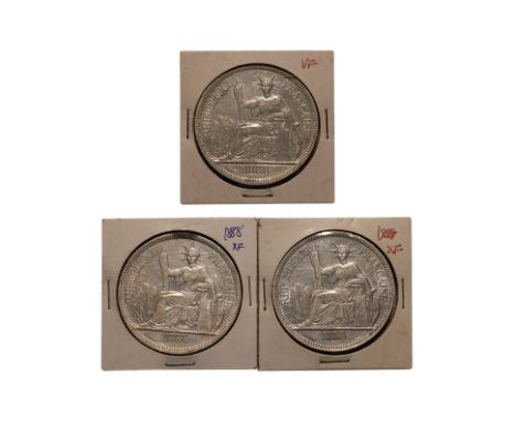 FRENCH INDOCHINA 1 PIASTRE DE COMMERCE 1888 A (3)
Marianne seated left with date in exergue below, reverse with denomination 