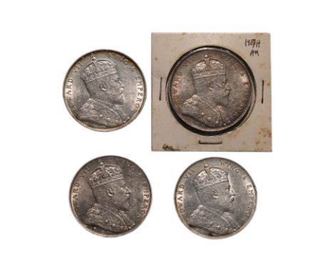 STRAITS SETTLEMENTS EDWARD VII 1 DOLLAR 1907 H (4)
Crowned bust facing right, reverse with Arabesque design with denomination