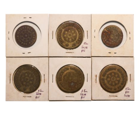 BRITISH NORTH BORNEO - LONDON BORNEO TOBACCO TOKENS (6)
Comprising: 1 Dollar (4), with two variations of reverse ; and 1/2 Do