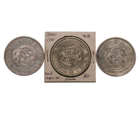 JAPAN - 1 YEN MEIJI YEAR 13 (1880); YEAR 15 (1882); YEAR 18 (1885) (3)
Dragon within a beaded circle, legend in English and J