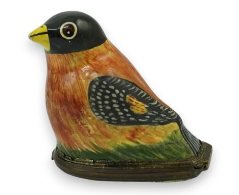 An 18th century South Staffordshire (Bilston) enamel box modelled as a bird with floral decorated cover, 4.5cm high. Conditio