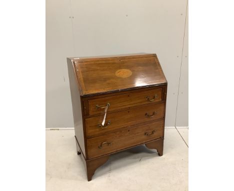 An Edwardian inlaid mahogany bureau fitted three drawers, width 75cm, depth 42cm, height 95cm. Condition - fairProvenance: Co