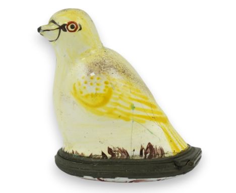 An 18th century South Staffordshire (Bilston) enamel box modelled as a canary with floral decorated lid, 4.5cm high. Conditio