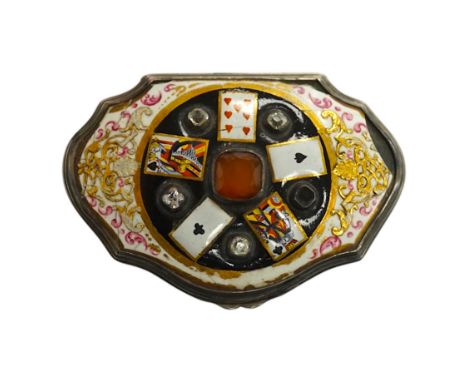 A continental white metal, enamel and two colour paste? set shaped oval snuff box, decorated with playing cards, unmarked, 67