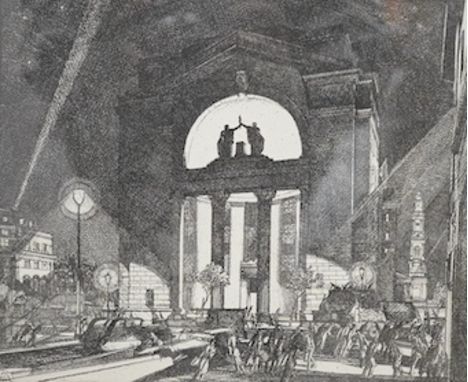 William Martin Larkins (1901-1974), etching, ‘Bush House, New York’, unsigned, 21 x 25cm. Condition - good