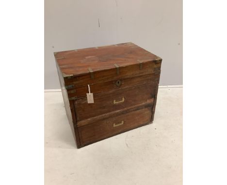 A 19th century brass mounted teak trunk with dummy drawer front, width 60cm, depth 41cm, height 54cm. Condition - fair