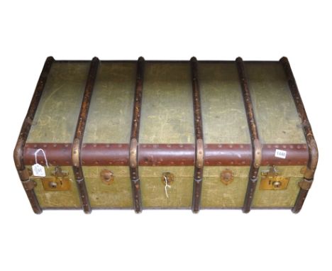 A steamer trunk and a leather Gladstone bag, trunk 63cm wide. Condition - fair